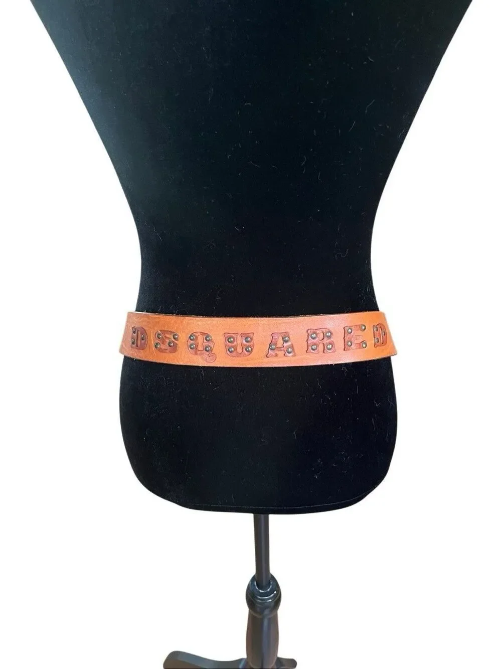 DSQUARED2 Brown Leather Belt Double Prong Studded Lettering Logo Brass Buckle M